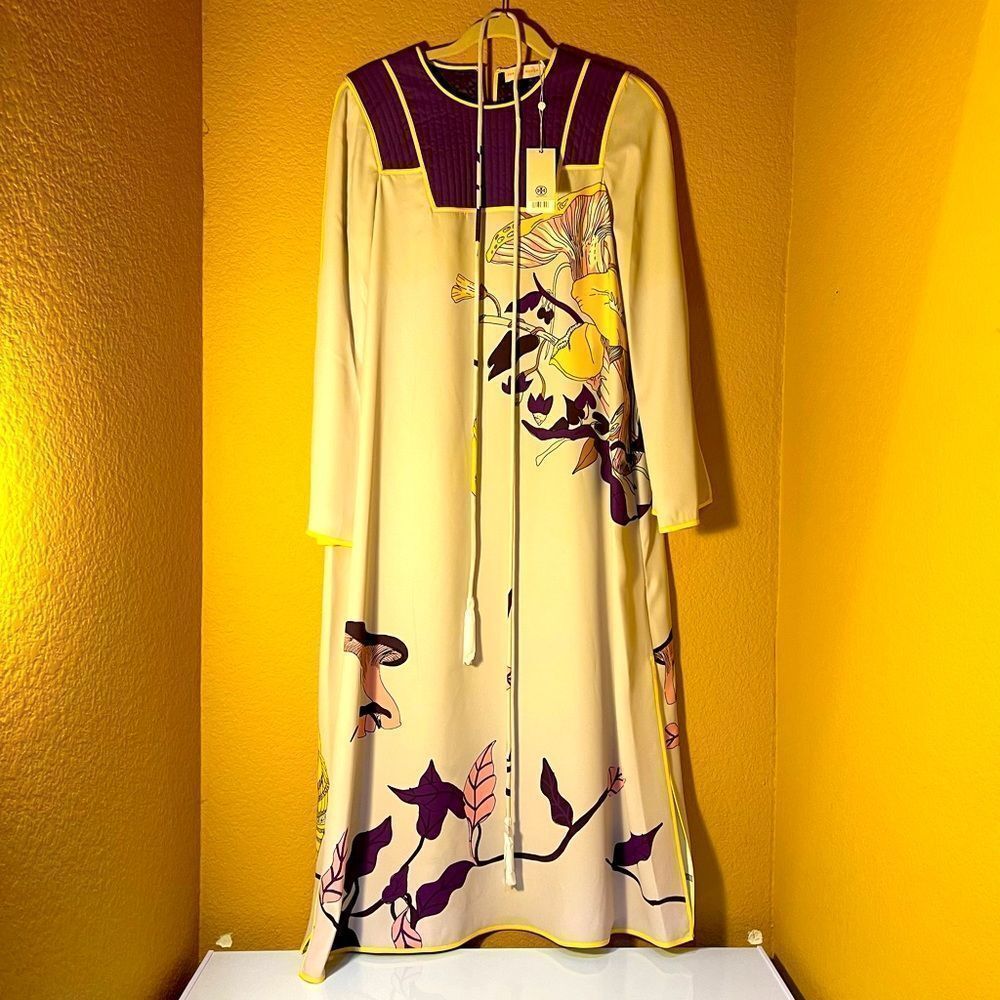 Tory burch mushroom Party Trapunto Floral Print Retro Glam Dress Tassel Belt 4 - Picture 2 of 16